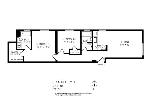 Floor plan for 2 beds, 2 baths, 825 sqft